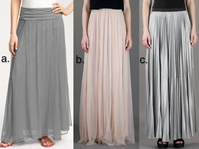 Choose your style: a. Crinkled Maxi Skirt in Ash by Max Mia, b. Pink Pleated Maxi Skirt by Amen, c. Metallic Silver Pleated Maxi Skirt by Enza Costa