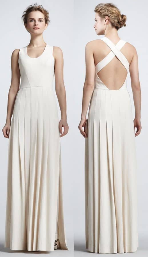Detailed view of the Robert Rodriguez Techno Crepe Pleated Gown priced at $645, showcased by Alessandra Ambrosio at the premiere