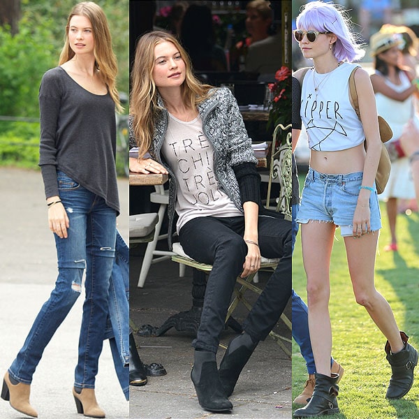 Behati Prinsloo showcases her off-duty style in heeled ankle boots with distressed jeans at a Victoria's Secret shoot in Central Park (May 20, 2013), sleek black booties while relaxing at a New York photo shoot (May 22, 2013), and flat ankle boots paired with cutoff shorts at Coachella (April 12, 2013)