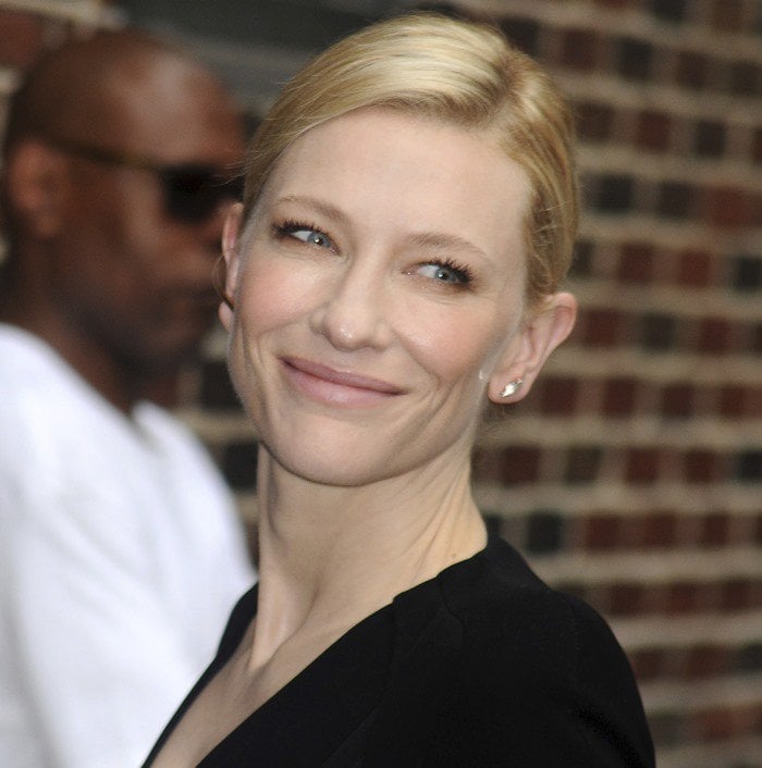 Cate Blanchett kept her beauty look understated for her Late Show with David Letterman appearance, wearing her blonde hair swept back to highlight soft makeup and diamond stud earrings