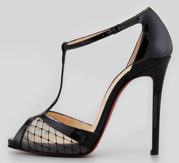Christian Louboutin's "Lagoula" design combined a delicate T-strap silhouette with fishnet mesh inserts, creating a modern take on classic evening footwear finished with the house's signature red sole
