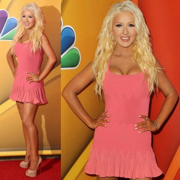Christina Aguilera dazzled in a pink Alaia dress, Christian Louboutin shoes, and Bettina Javaheri jewelry at the 2013 Summer TCA Tour in Beverly Hills