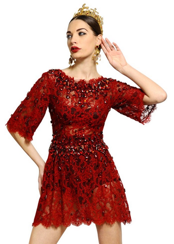 Dolce Gabbana Jewel-Embroidered Lace Dress