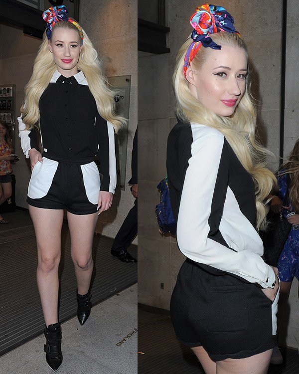 Iggy Azalea turns heads in a monochrome black-and-white ensemble paired with DKNY 'Pulse' booties and a colorful headscarf outside Radio 1 studios in London