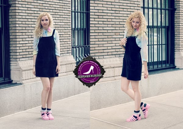 Jackie pairs her playful pink jelly sandals with a black dungaree dress, pastel blouse, and quirky socks for a chic yet nostalgic street style look