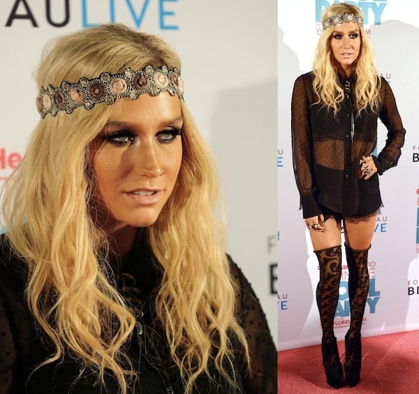 Kesha showcases her bold 2013 iHeartRadio Pool Party ensemble, highlighting the sheer top, micro shorts, and unique Christian Louboutin Donue boots, alongside her characteristic headband
