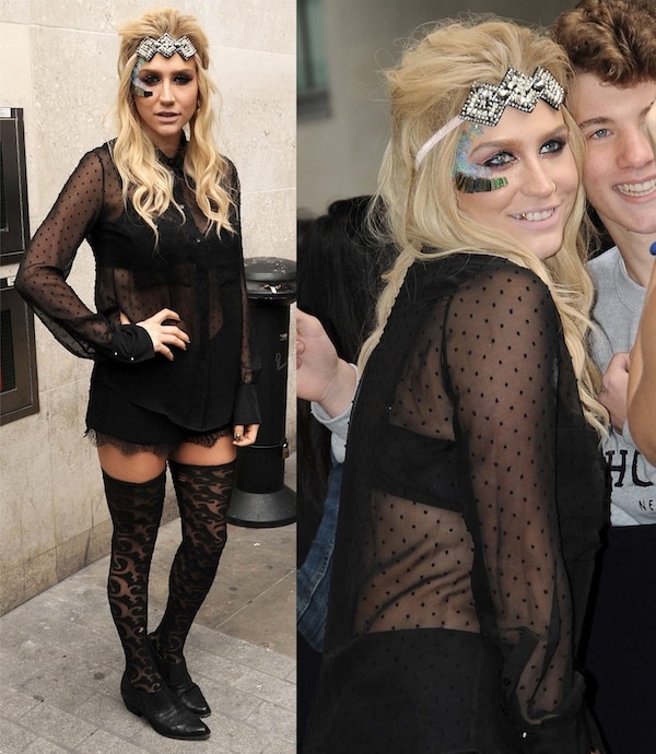 Kesha in London for her BBC Radio 1 interview, sporting her grunge-glam look with a sheer black top, micro shorts, thigh-high stockings, and black oxford-style shoes