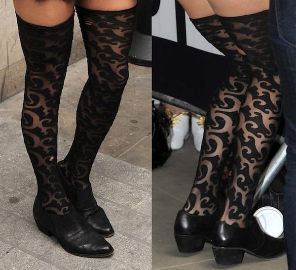 A close-up of Kesha's black oxford-style shoes and patterned thigh-high stockings worn during her 2013 BBC Radio 1 interview in London