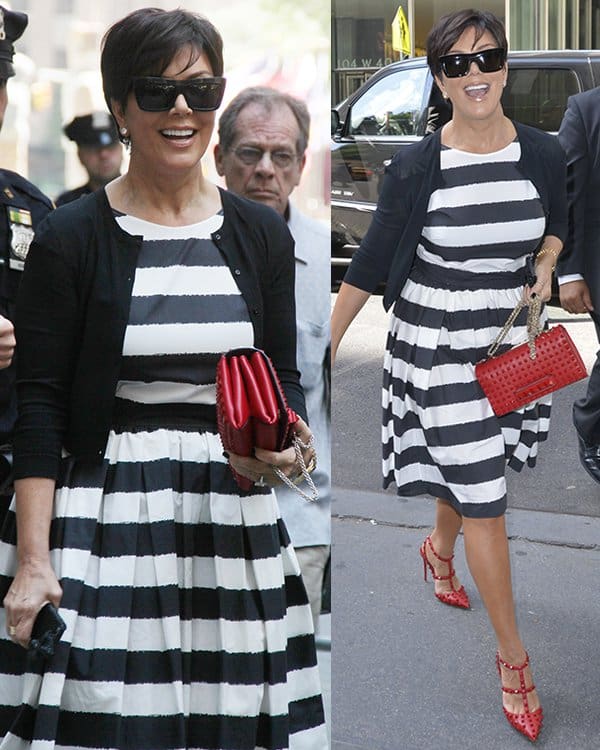Kris Jenner sported a striped monochrome Dolce Gabbana dress and added a pop of red with her heels and purse from Valentino