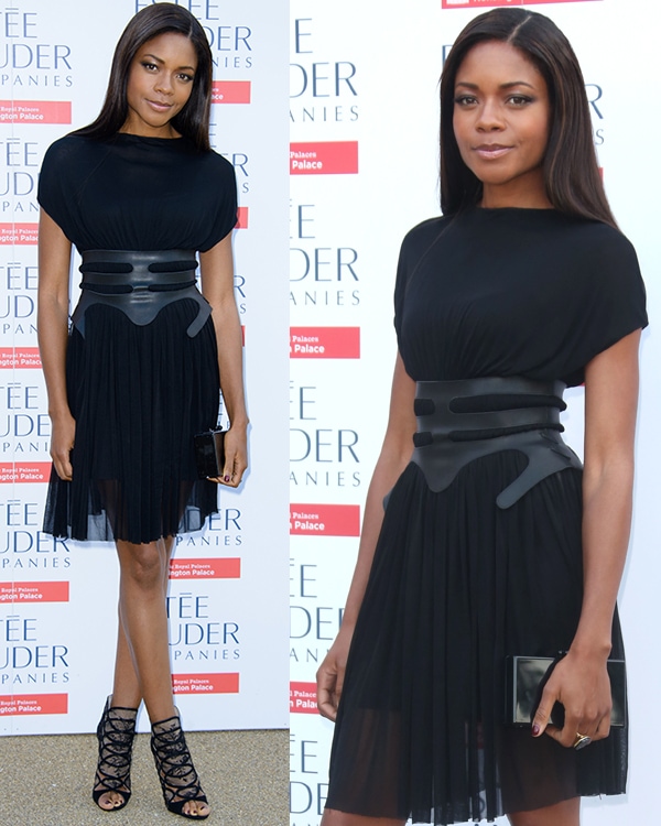 Naomie Harris wears a black Marios Schwab dress to the Fashion Rules exhibition