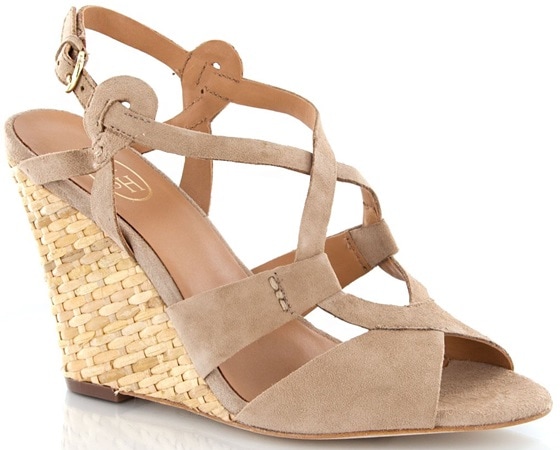 Ash Jade wedge shoes featuring chamois suede crisscross straps, a leather sole, adjustable buckles, and a woven wedge 3.8-inch heel