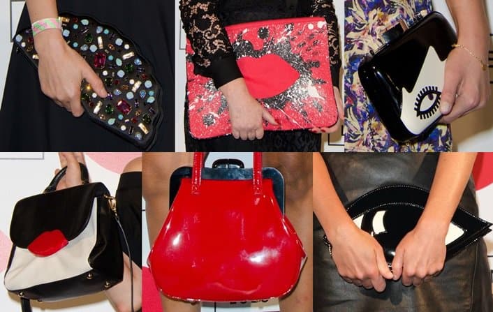 A colorful selection of Lulu Guinness handbags — including her signature Lips and Eye designs — displayed at the Paint Project party