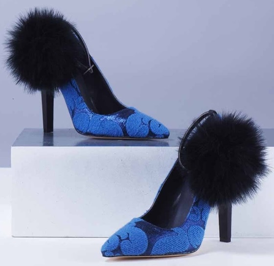 Joanne Stoker Blue Lace Pumps With Pompom-Detailed Ankle Straps