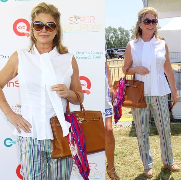 Kathy Hilton attends the Super Saturday event in Water Mill, New York, accessorizing her Hermès Birkin with a vibrant silk scarf for a polished, heritage-inspired finish
