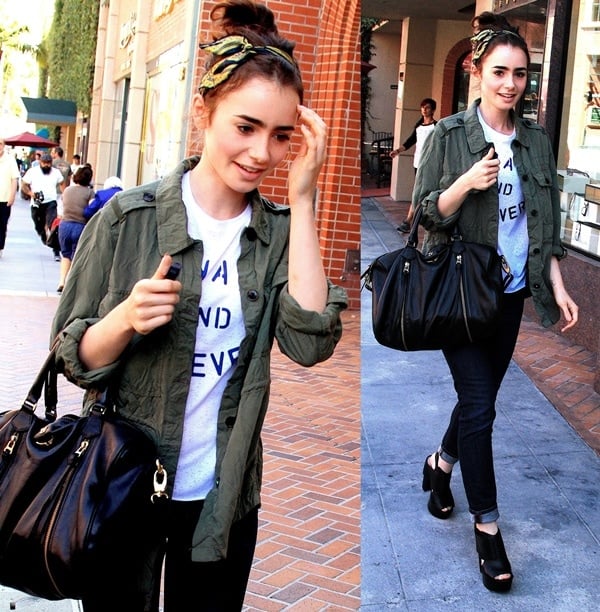 Wearing a light cargo jacket layered over a Topshop tee with skinny jeans and edgy Koolaburra "Zinda" clogs, the 24-year-old actress made running errands look fashionable