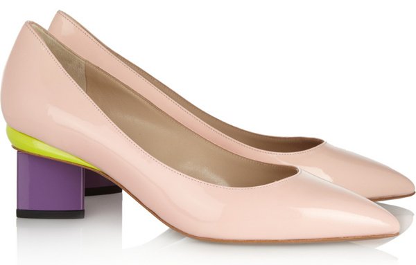 Nicholas Kirkwood block-heel pumps in nude patent leather, distinguished by a pointed toe and a sculptural multicolored heel that contrasts softly with the blush-toned upper—an architectural take on a classic, leg-lengthening silhouette