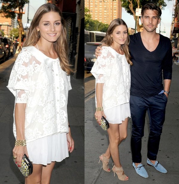 Olivia Palermo, radiating effortless summer elegance in a sheer lace top and pleated mini dress, poses with longtime partner Johannes Huebl at the New York screening of Girl Most Likely