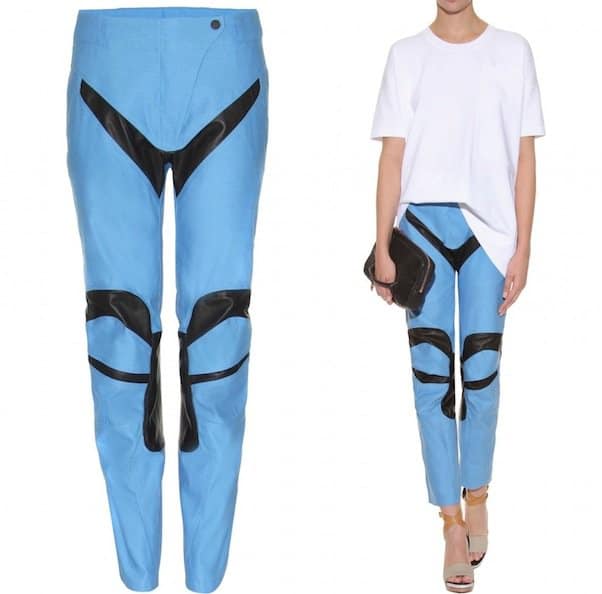 Close-up of the Rag  Bone Moto Trousers in a unique Cornflower Blue/Black combination