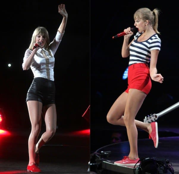 Taylor Swift electrifies the stage at Met Life Stadium, clad in high-waisted shorts during her Red tour performance in East Rutherford, New Jersey, on July 13, 2013