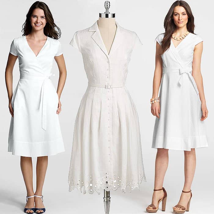 Shop the look: Lands' End Surplice Dress, $85; Jones New York Cap-Sleeved Linen Shirtdress, $158; Ann Taylor Cotton Eyelet Wrap Dress, $158