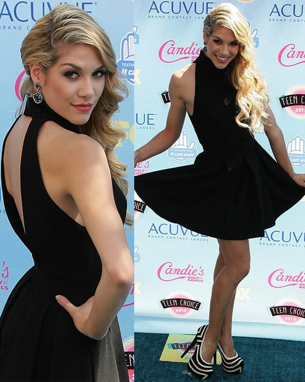 Allison Holker flaunted playful elegance at the 2013 Teen Choice Awards in a flirty black halter dress, paired with striking black-and-white Bumper 'Elle-05' platform pumps