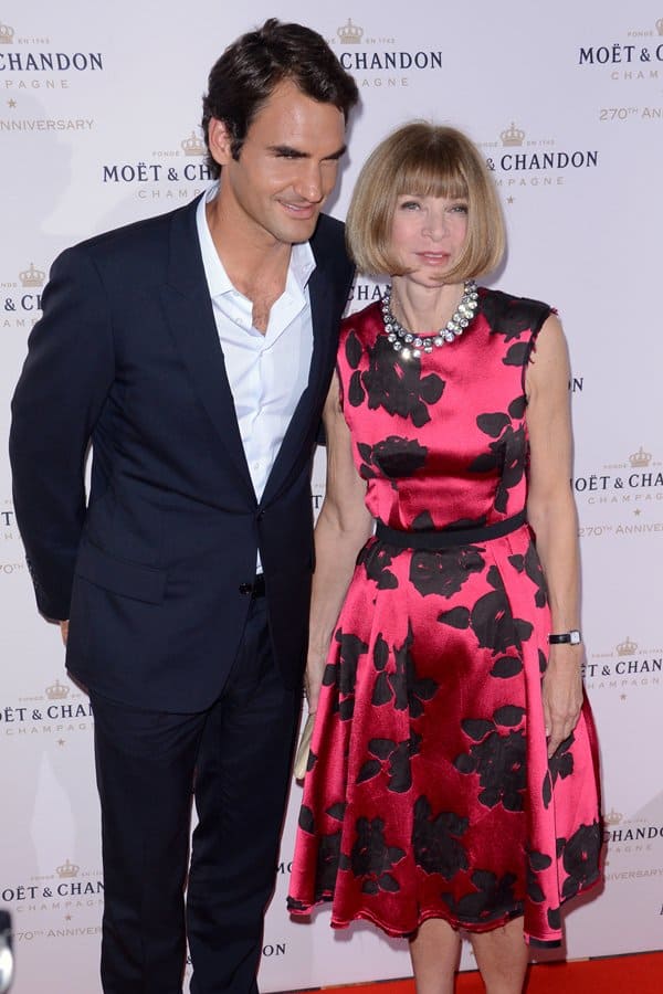 Anna Wintour and Roger Federer share a moment at Moët Chandon's 270th Anniversary held at Chelsea Piers Sports Center, NYC, on August 20, 2013