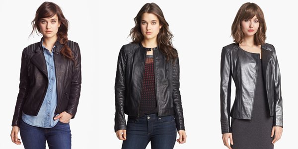 Explore leather jacket alternatives: From left to right, Bernardo Asymmetrical Moto Jacket ($299), Trouvé Houndstooth Quilted Jacket ($198), and Trouvé Metallic Biker Jacket ($199)