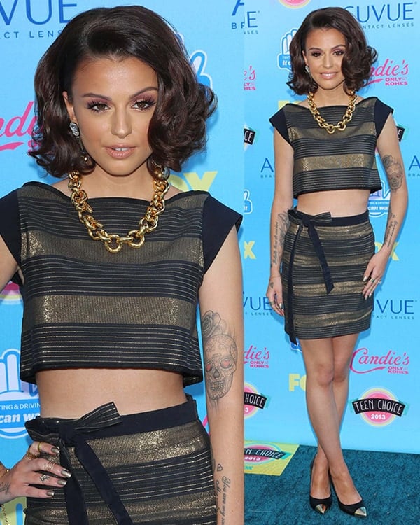 Cher Lloyd rocked the 2013 Teen Choice Awards with a midriff-baring ensemble, her edgy style perfectly complemented by metallic cap-toe pumps that added a touch of modern chic
