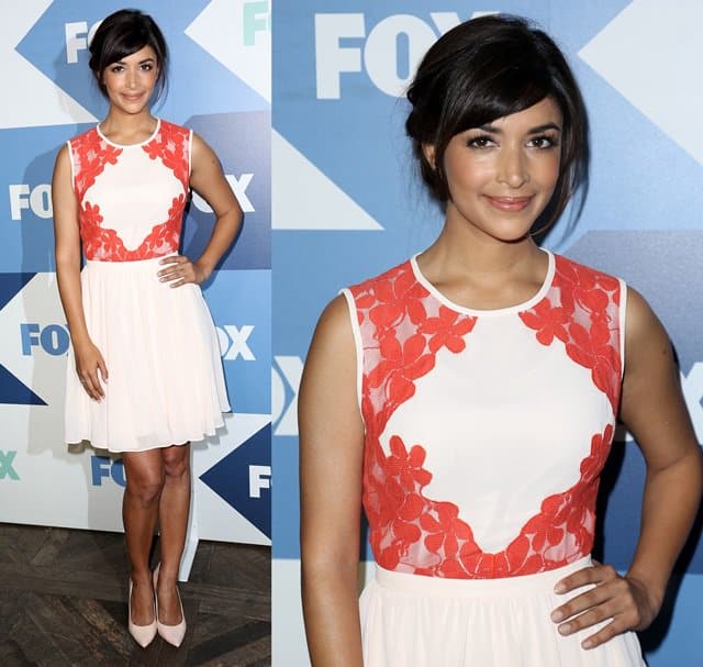 Hannah Simone elegantly dressed in a Ted Baker ensemble complemented by Stella Dot jewelry at the Fox Summer TCA All-Star Party, 2013