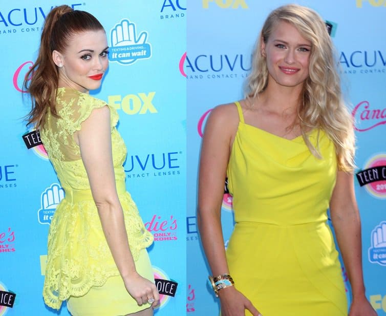 Holland Roden and Leven Rambin, captured together at the 2013 Teen Choice Awards, radiate in their eye-catching yellow dresses