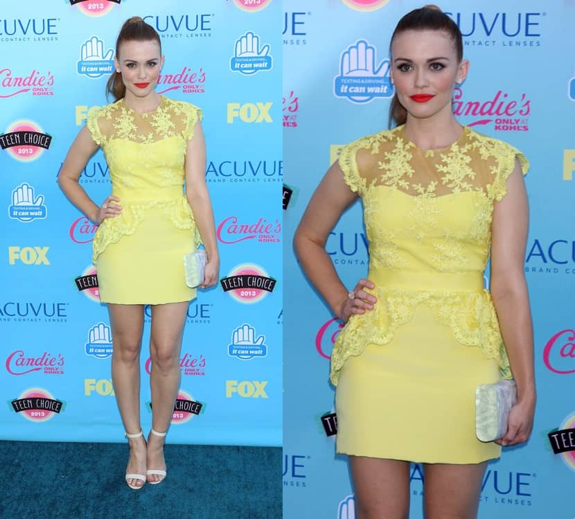 Holland Roden lit up the carpet in a canary yellow Notte by Marchesa mini dress with delicate lace appliqué and sheer paneling, finishing the look with white ankle-strap heels and a textured clutch for a fresh summer statement