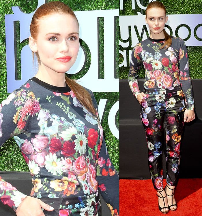 Holland Roden rocks floral pants at the 2013 Young Hollywood Awards