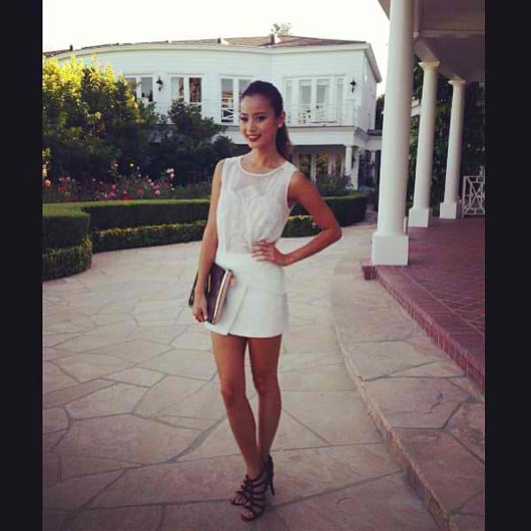 Jamie Chung wearing her BCBGMAXAZRIA Codie Short at the brand's Resort 2014 Fashion Preview Event