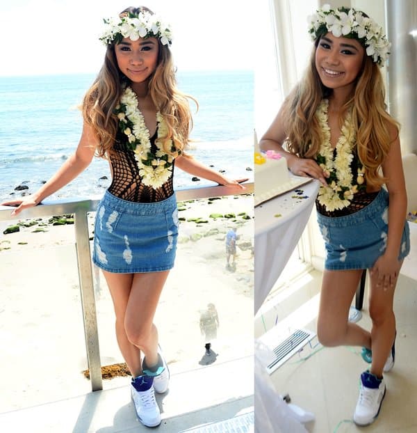 Jessica Sanchez celebrated her 18th birthday in a bold and playful beachside look, pairing a black fishnet swimsuit with a ripped Topshop moto denim skirt and classic white Air Jordans for a sporty-meets-tropical vibe