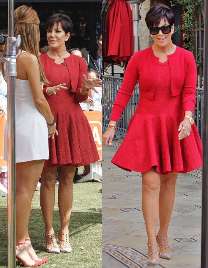 Kris Jenner wearing a red fit-and-flare dress with taupe Valentino Rockstud T-strap pumps