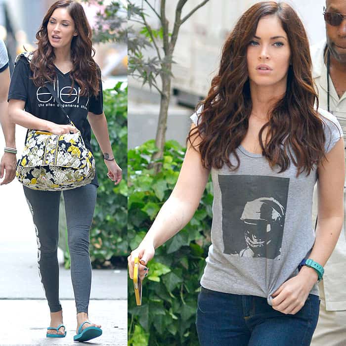 On July 19, 2013, Megan Fox stepped out on the Teenage Mutant Ninja Turtles set in New York City wearing a graphic tee, skinny jeans, and casual flat sandals, using relaxed layers and accessories to maintain an easy, understated silhouette on set