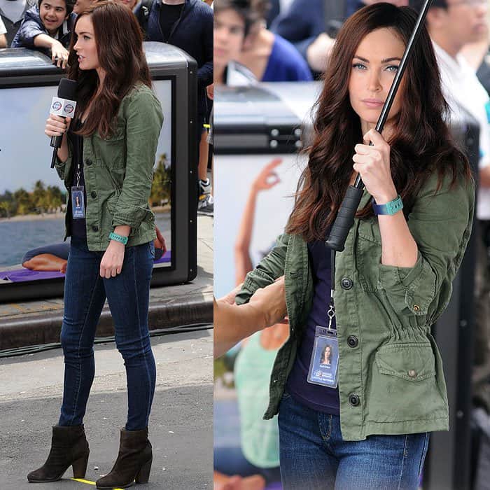 Megan Fox wearing AG Jeans Aubrey skinny jeans with Rag Bone Classic Newbury booties filming Teenage Mutant Ninja Turtles