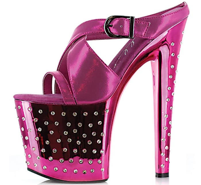 Metallic 8 Inch Fuchsia Heels with Encrusted Rhinestones and Criss Cross Straps