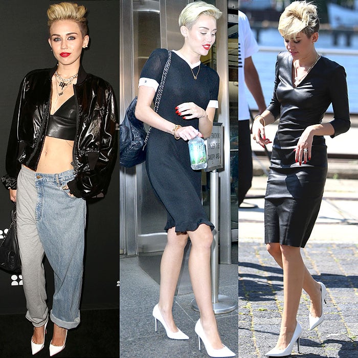 Miley Cyrus repeatedly showcased her white Saint Laurent “Janis” pumps in 2013, wearing them to the MySpace relaunch at the El Rey Theatre in Los Angeles (June 13), a Good Morning America appearance in New York City (July 15), and the German TV show Frühstücksfernsehen in Berlin (July 23)