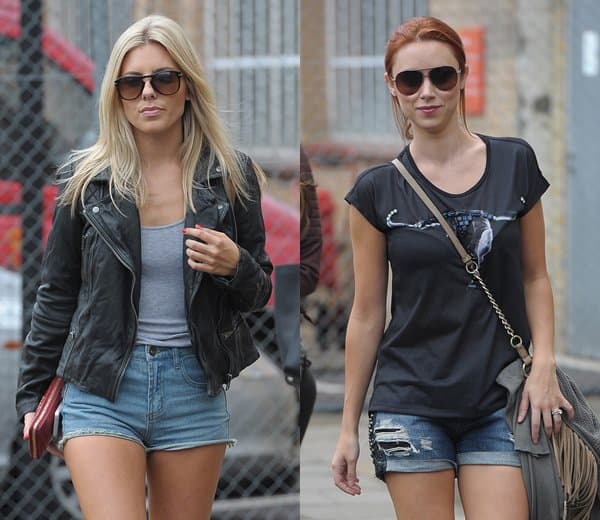 Mollie King channels tough chic with a biker jacket layered over a gray tank top paired with high-waist denim shorts, while Una Healy opts for simplicity in a shirt paired with denim shorts, complemented by a stylish hobo shoulder bag
