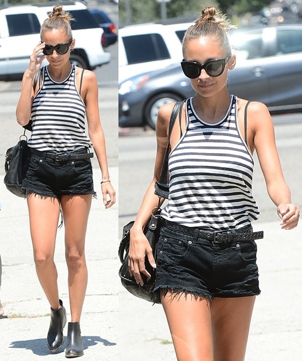 Nicole Richie showcases her signature casual-chic style in a striped Alexander Wang tank, black American Eagle cutoff denim shorts, and sleek House of Harlow 1960 "Warner" ankle boots during a West Hollywood lunch date