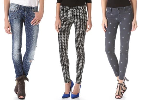 Fashion-forward alternatives to Shenae Grimes' star print jeans: Pierre Balmain Leopard Skinny Jeans ($495), J Brand 620 Super Skinny Powerstretch Jeans ($254.29), and Sass Bide Jekyll Hyde Jeans ($270)