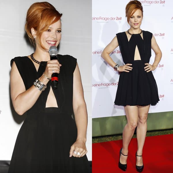 Chic and sultry, Rachel McAdams dazzles in a black mini dress with a unique link-chain halter neckline at the 'About Time' premiere