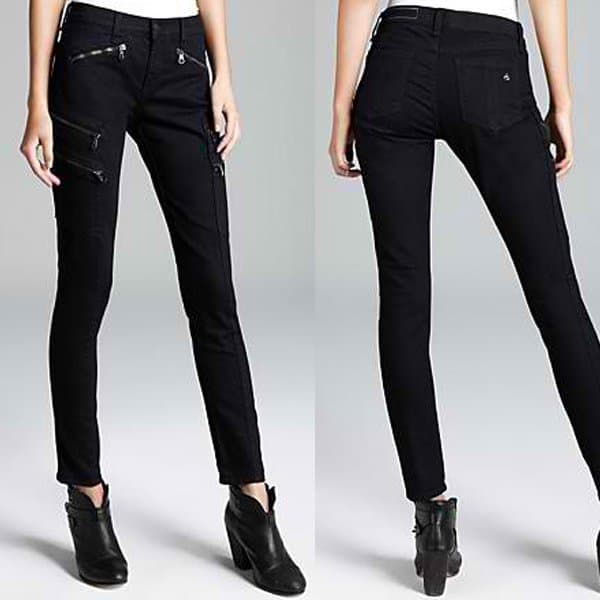 Close-up of the Rag Bone JEAN Zip-Pocket Jeans Lariat in Midnight, priced at $253, highlighting the unique double zip pockets