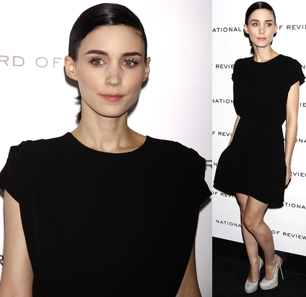 Rooney Mara wears a black Miu Miu Resort 2012 mini dress with patterned YSL platform pumps at the National Board of Review Awards Gala