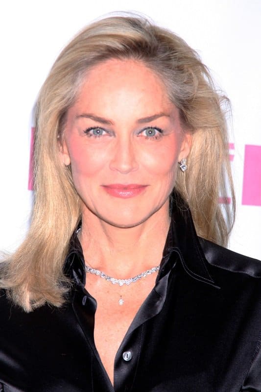 Sharon Stone radiates elegance and confidence with her striking blue eyes and a gentle smile, complemented by a chic black silk blouse and a delicate diamond necklace
