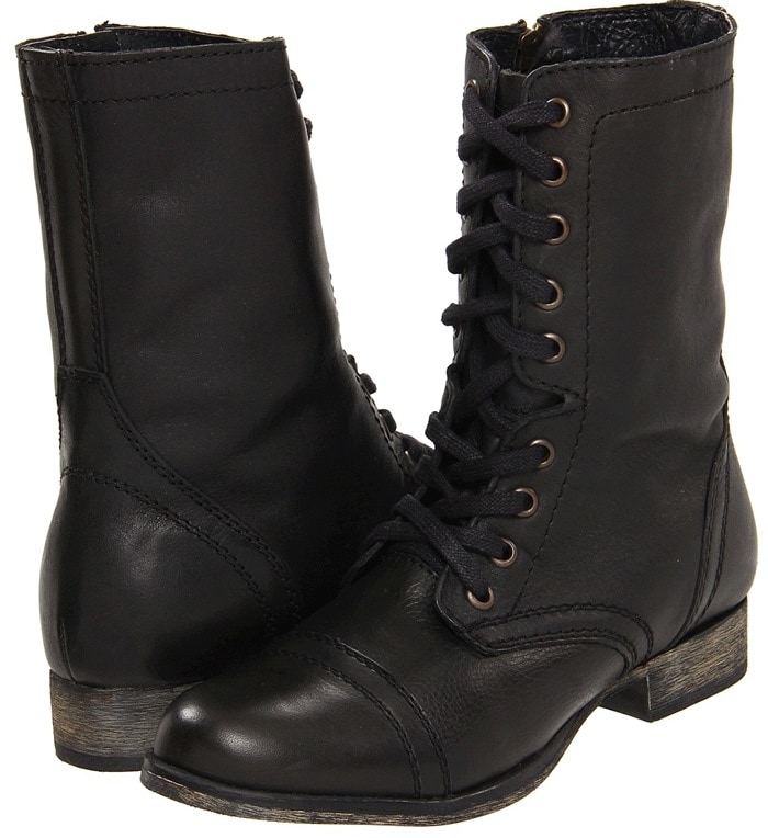 Steve Madden Troopa black leather lace-up combat boots with cap toes and low stacked heels