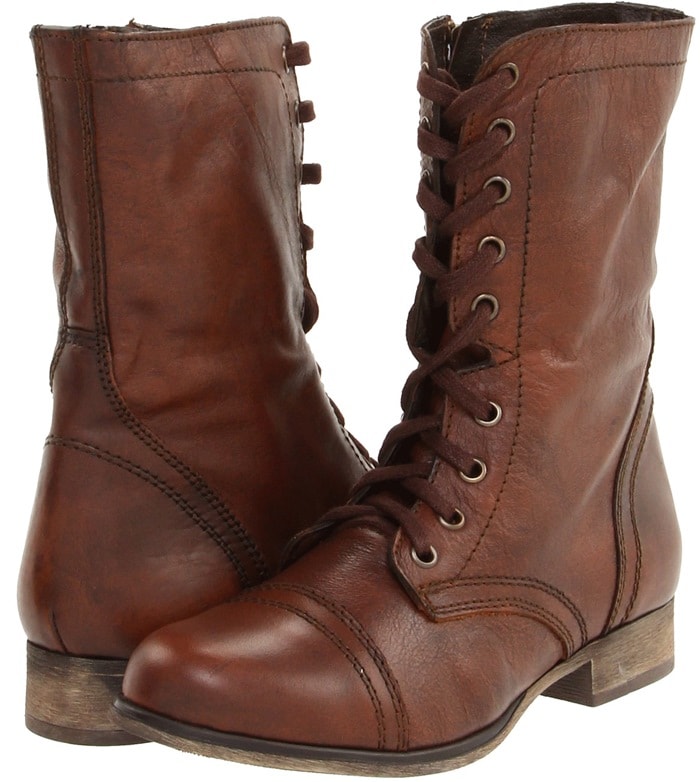 Steve Madden Troopa brown leather lace-up combat boots with cap toes and low heels