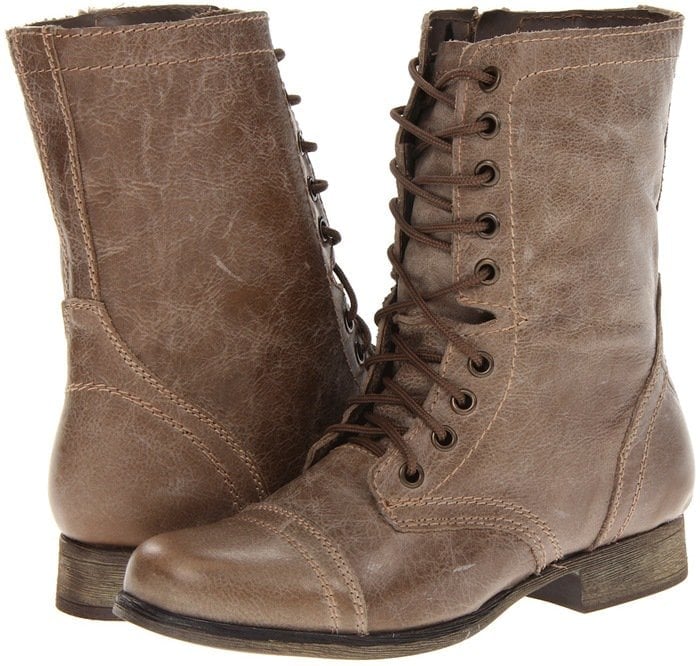Steve Madden Troopa stone leather lace-up combat boots with cap toes and low heels