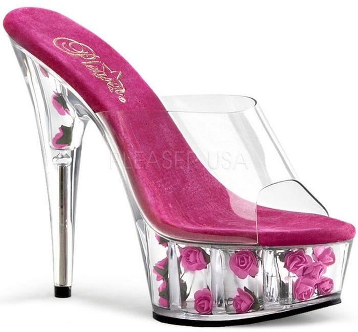 5 3/4 inch Stiletto Heel Flower Filled Platform Slide Clear/H. Pink Flowers